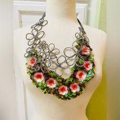 Fabulous Vera Wang Couture Collection.Large Statement Avant-Garde Necklace ~ Wire Rhinestone Flowers With Pink And Green Sequin Cluster 3-D Flowers~ Organza Ribbon Tie. Purchased From Neiman Marcus $650. New /Never Worn Condition. Making An Entrance “Fashion Is Art” Vera Wang Couture, Bohemian Jewelry Earrings, Vera Wang Jewelry, Sequin Flowers, Sapphire Diamond Pendant, Choker Collar Necklace, Statement Collar Necklace, Pearl Chain Necklace, Costume Necklaces