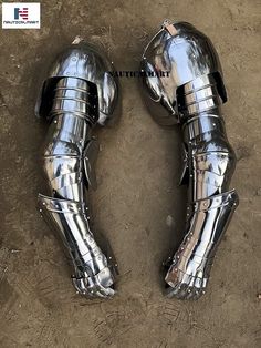 two shiny chromed motorcycle boots are shown on the ground, one is broken and the other has been repaired