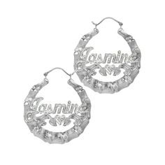 These brilliant nameplate hoop earrings feature a lovely bamboo textured hoop and beaded rhodium finish. Size: small.  Color: Silver.  Gender: female.  Age Group: adult. Personalized Silver Metal Hoop Earrings, Silver Hoop Earrings With Name Detail, Custom Name Silver Hoop Earrings For Anniversary, Silver Small Hoop Earrings With Custom Name, Diy Jewelry Earrings, Name Earrings, Family Jewellery, Name Jewelry, Jewelry Armoire