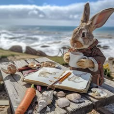 a rabbit is sitting at a table with an open book and some seashells