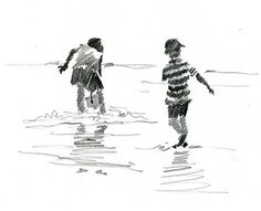 two children are playing in the water at the beach