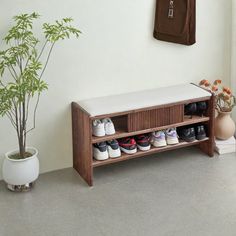 a wooden bench with shoes on it next to a potted plant and wall hanging