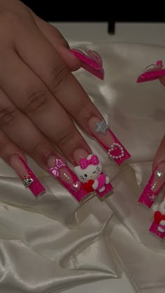 Long Nails Design, Melody Anime, Paznokcie Hello Kitty, Anime Y2k, Hello Kitty Nails Art, Long Nail Designs, Girly Acrylic Nails