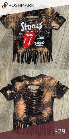 Diy Band Tee Ideas, Distressed Concert Tee, Distressing Shirts, Cut Band Tee, Diy Distressed Shirt, Ripped Tee Shirts, Diy Sleeves, Ideas With Beads, Clothing Redo