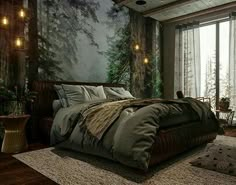 a large bed sitting in a bedroom next to a tall tree filled with lots of lights