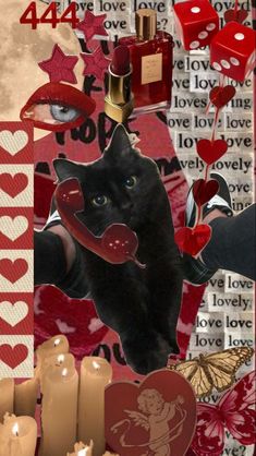 a collage with hearts, candles and a cat in the middle is surrounded by other valentine's day decorations