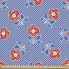 a blue and red flower pattern on a checkered background with white polka dotes