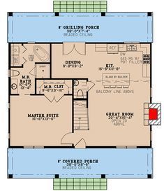 the floor plan for a small house with two master suites and an attached bathroom area