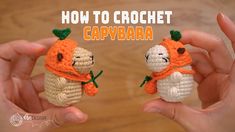 two hands holding small crocheted carrots with the words how to crochet