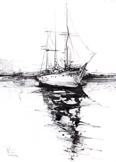 a black and white drawing of a sailboat on the water with another boat in the background