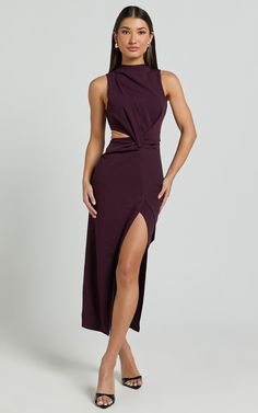 Thigh Split Dress, Split Dress Thigh, The Audacity, Split Dress, Formal Attire, Crepe Fabric, High Neckline, Formal Wear, Midi Length