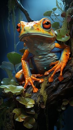 a frog sitting on top of a tree branch