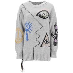 Oversized Crew-Neck Sweater From Stella Mccartney Crafted Of A Plush Alpaca Blend. Embellished With "Folk Artwork" Intarsia Motifs Throughout And Multicolored Fringes At The Right Hip, This Style Is Finished With Distressed Flat-Ribbed Trims. The Model Is 177 Cm Tall And Wears A Size S. Material: 68%Wp 23%Pa 9%Wo. Made In: Italy. Color: Grey. Collection: Fall - Winter 2023. Sku: 6k0567 3s2438. Modecraze Is An Online Platform That Offers The Best Designer Products From Europe To Customers All Ove Alpaca Sweater, Outfit Ideas Fashion, Sweaters And Cardigans, Grey Knit Sweater, Embroidered Sweater, Machine Knitting, Embroidered Design, Wool Sweaters, Grey Sweater