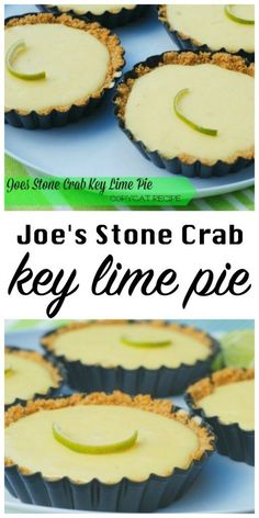 there are several pies with lime slices on them and the words joe's stone crab key lime pie