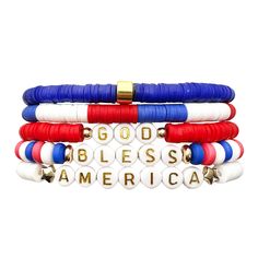 PRICES MAY VARY. Fourth of July Bracelet Set: Express your patriotism with a five-piece Independence Day themed bracelet set. Colorful, flexible, easy to match. Material: Patriotic bracelet made of high-quality polymer clay, no lead, no nickel, safe to wear. Light weight suitable for long-term wear, will not be tired to the wrist. Independence Day accessories: Perfect for the beach, work, school, parties, banquets, vacations, gift-giving, just to look cool. The perfect gift to share with friends 4th Of July Bracelets, Patriotic Bracelet, Bracelets Summer, Layering Bracelets, Keychain Ideas, Clay Bead Bracelet, Clay Bead, School Parties