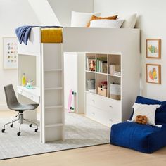 there is a loft bed with a desk and chair in the room next to it