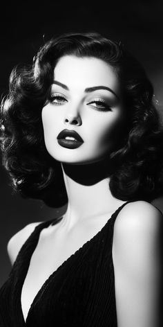 a black and white photo of a woman with dark lipstick on her face, wearing a halter top