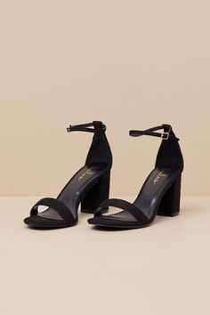 You're certain to step up your style essentials when you add the Lulus Arylee Black Suede Ankle Strap Heels to your closet! Soft faux suede shapes a single toe strap, an almond-shaped toe bed, and a wrapped block heel. A dainty ankle strap rises from the sturdy heel cup and secures with a gold buckle. 3" wrapped block heel. Cushioned insole. Felted rubber sole has nonskid markings. All Man Made Materials. Imported. Lulus | Arylee Black Suede Ankle Strap Heels | Size 7.5. Black Heels Block, Bridesmaids Shoes Black, Black Heels With Gold Accent, Thrift Heels, Prom Short Heels, Heels Classy Elegant Black, Black Homecoming Heels, Heels For Black Dress, Black Heels Wedding