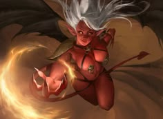 a woman with white hair is flying through the air and holding a fire ball in her hand