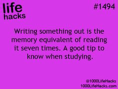 a pink background with the words writing something out is the memory equivalent of reading it seven times