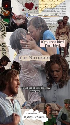 the notebook movie poster with collages of actors and characters, including one woman hugging another man