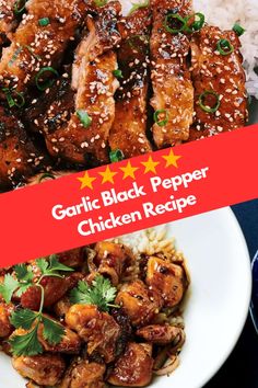 garlic black pepper chicken recipe on a white plate