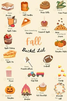 the fall bucket list is filled with different things to eat and drink for halloween season