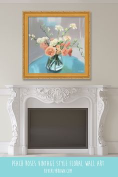 a white fireplace mantel topped with a vase filled with flowers