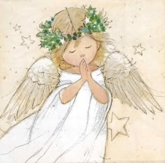 a drawing of an angel with green leaves on her head and hands folded in prayer