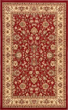 a red and beige rug with an ornate design on the center, surrounded by flowers