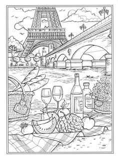 the eiffel tower in paris with wine and fruit