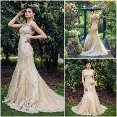 four photos of the same woman in different wedding gowns, one with an open back and