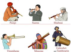 four different types of musical instruments are shown in this graphic above it is an image of men and women playing music