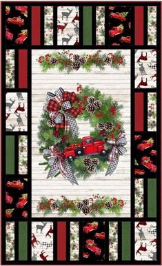 a christmas wreath quilted on top of a black and red table cloth with evergreens