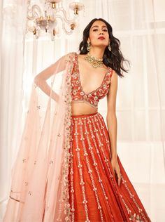 Orange Indian Outfit, Orange Bridal Lehenga, Organza Cutwork Dupatta, Organza Cutwork, Bridesmaid Indian, Mehandi Outfits, Orange Lehenga, Scalloped Blouse, Bridesmaid Lehenga