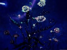 a painting of flowers and stars in the night sky