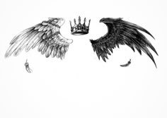 two black and white wings with a crown on one side, the other is drawn in pencil