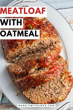 An overhead shot of a sliced classic moist meatloaf with red, sticky ketchup glaze on the outside. Meatloaf Oatmeal, Holiday Prime Rib Roast, Holiday Prime Rib, Dinner Ideas Main Dishes, Oatmeal Dinner, Meatloaf With Oatmeal, Traditional Meatloaf Recipes, Ground Beef Dinners