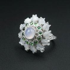 French 18K White Gold Lalique Lily of the Valley Moonstone Ring 5.75 RG3305 #Lalique #Cocktail Fine Jewelry In Green With Flower Shape, Art Nouveau Oval Gemstone Jewelry, Luxury Green Flower-shaped Jewelry, Rene Lalique Jewellery Art Nouveau Jewelry, Artistic Green Flower-shaped Jewelry, Lalique Jewelry, Antique Jewelry Rings, Large Ring, White Gold Band