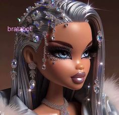 a close up of a barbie doll with long hair and jewels on her head, wearing a tiara