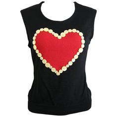 - Vintage 90s Moschino Cheap and Chic black wool tank top with red heart surrounded by mother of pearl buttons. - Made in Italy. - 100% Wool - Size 40 Italy. Cheap Tank Tops, Heart Tank Top, Vintage Tank Top, Moschino Cheap And Chic, Boutique Hair Bows, Red Tank Tops, Diy Couture, Mother Of Pearl Buttons, Upcycle Clothes