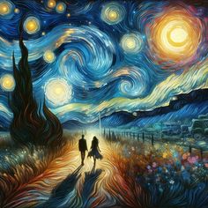 two people walking down a road under a night sky with stars and swirls painted on it