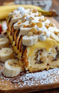 a banana and nut cake on a cutting board with powdered sugar