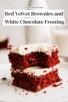 two red velvet brownies and white chocolate frosting stacked on top of each other