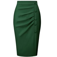 PRODUCT DETAILS: STYLE - Keep your look professional and stylish in this bodycon skirt from INSPIRE CHIC, featuring a high waist, pleated front, and button decor. OUTFIT - Pair with solid shirts and high heels for a chic office look. OCCASION - Focused on Ladies' Semi-Formal Wear - This skirt can be a perfect addition to almost any outfit from formal to daily wear, great for work, meetings, office, businesses, work, parties, cocktails, weddings, casual, daily dressing, etc. Working Skirts Styles, Cheap Stretch Skirt For Office, Cheap Pencil Skirt For Office Wear, Formal Skirts Outfit, Work Outfits Women Office Skirt, Fitted Mini Pencil Skirt In Solid Color, Fitted Green Skirt Solid Color, High Waist Solid Color Pencil Skirt For Work, Fitted Knee-length Solid Color Mini Skirt