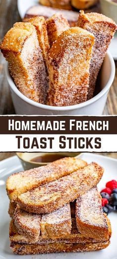 homemade french toast sticks stacked on top of each other