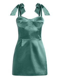 This green satin micro mini dress is an alluring pick for day and evening events. The sweetheart neckline lends a classic touch to this ultra-flattering silhouette, while its shoulder self-tie bows add romantic allure.  The dress is fully lined and fastens with an invisible zip at the back. Style with a clutch and matching heels. Hand wash only. Wash inside out with like colors. Do not wring or twist. Do not tumble dry. Iron at 160°C max or use press cloth. Do not bleach. Wedding Guest Dress Mini, Green Satin Mini Dress, Edgy Glam, Stretch Satin Fabric, Green Homecoming Dresses, Trip Outfits, A Line Mini Skirt, Skirt Style, Satin Mini Dress