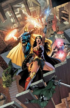 the cover to dc's new 52, featuring wonder woman and her two other superheros