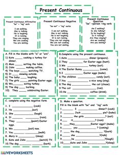 the present continuous tense worksheet is shown in green and white, with words on it