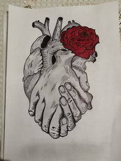 a drawing of two hands holding a heart with a red rose on the inside of it